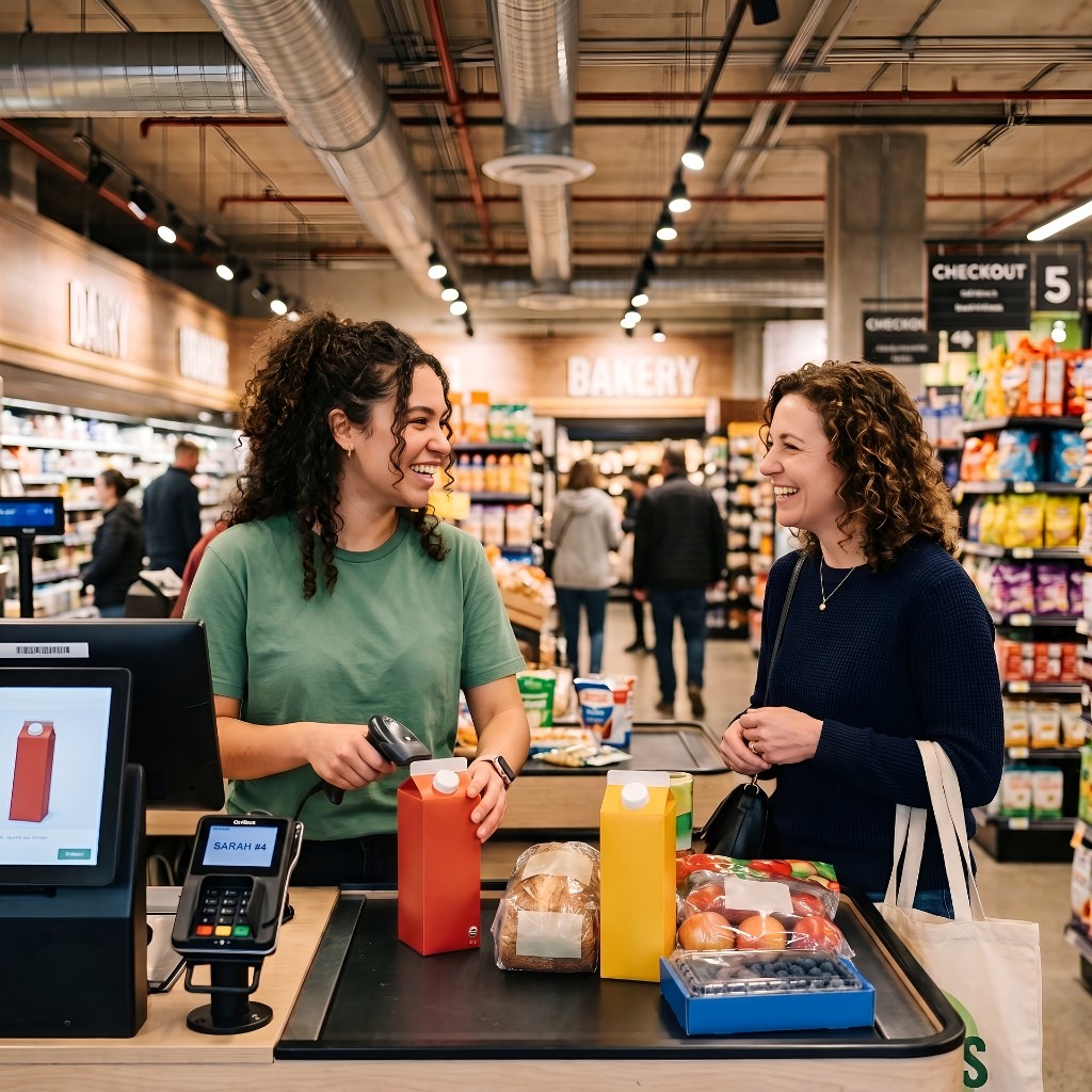 Smiling shopper at grocery checkout with a reusable bag and fresh produce